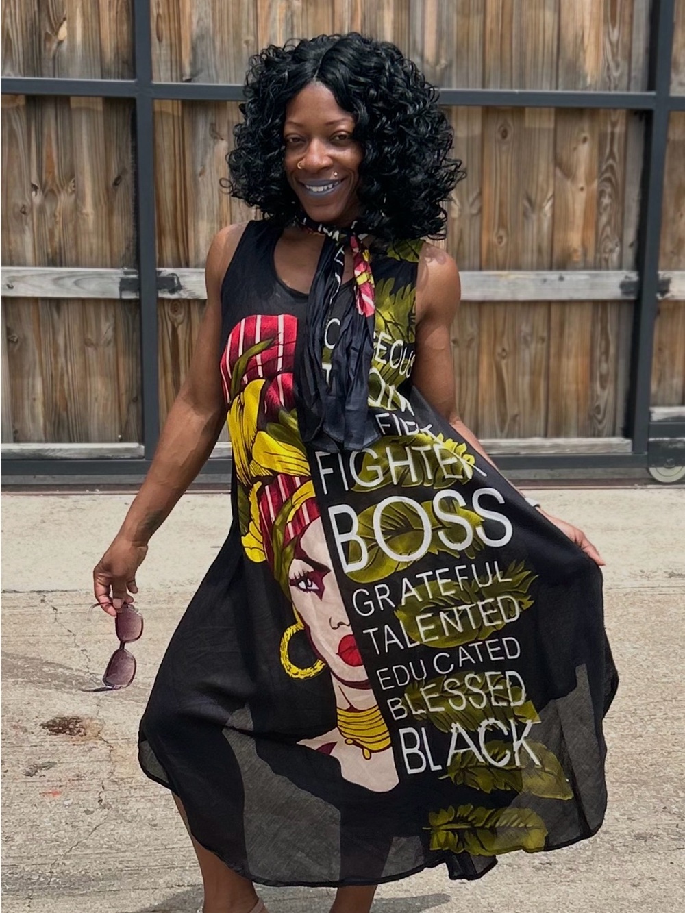 Black Graphic 'Boss' Sleeveless Dress with Colorful Headwrap Art